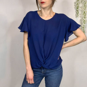 NWT LUSH royal blue blouse ruffled short sleeves twist front